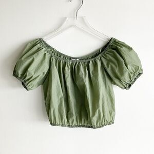 Wayf '98 XS Off Shoulder Top Puff Short Sleeve Crop Sage Green Nylon